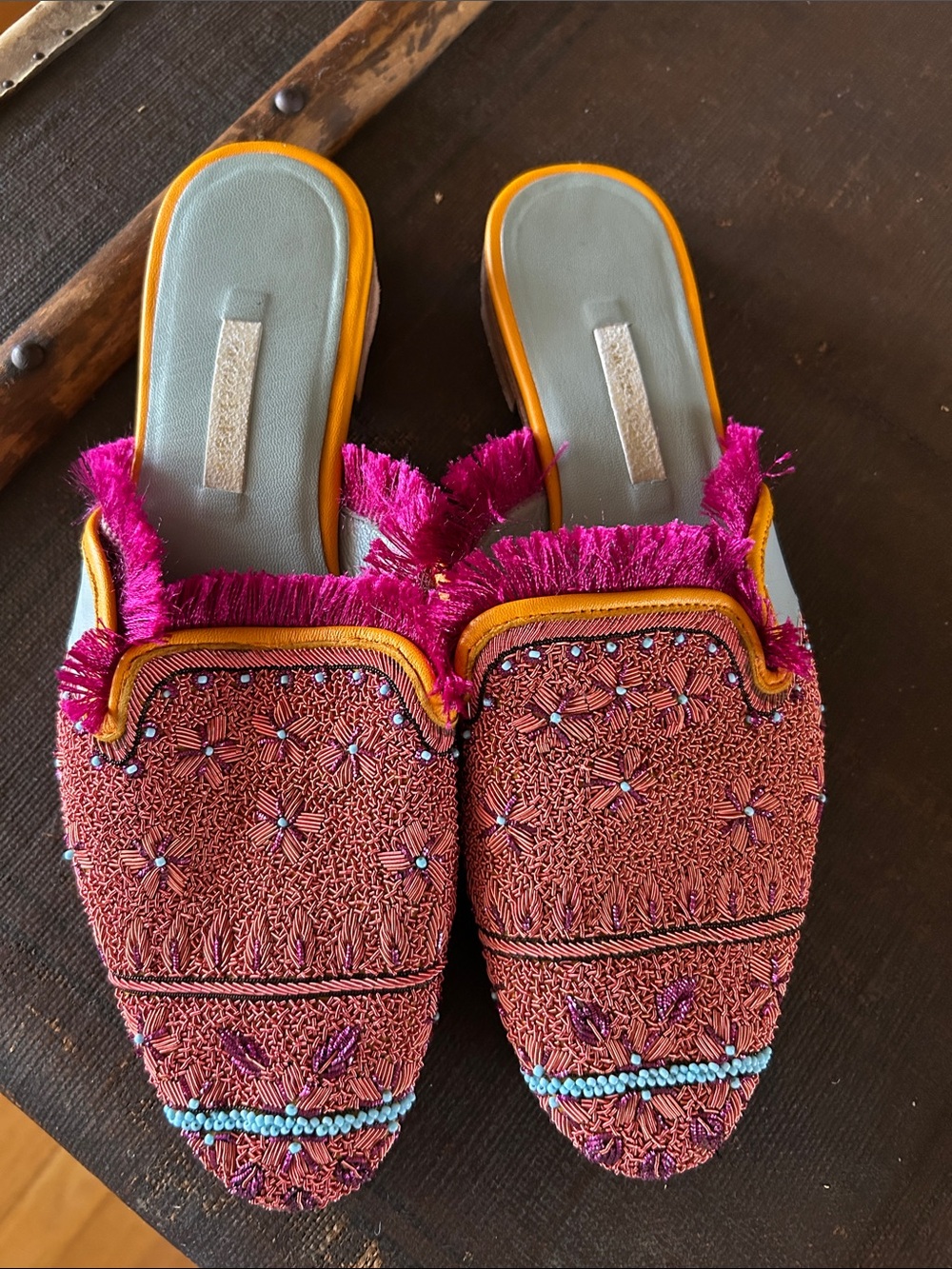 Ornate Pink Beaded Fringe Slide Mules